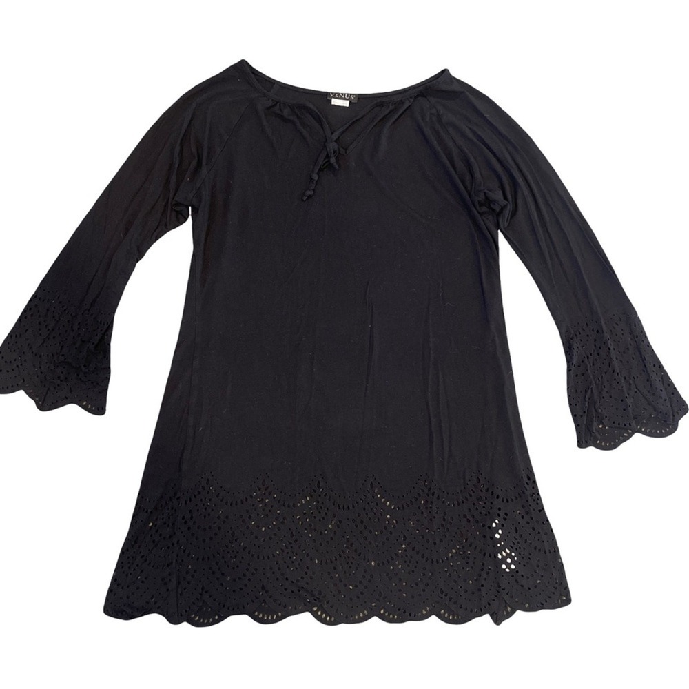 Venus Black Long Sleeve Tunic Dress Scalloped Hem Bell Sleeve Medium